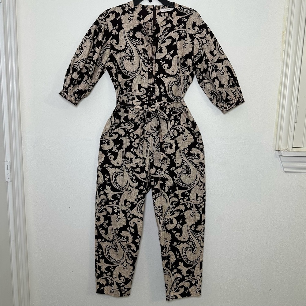 Rebecca Taylor Paisley Jumpsuit 100% Cotton Brown Belted With Pockets Size M - Picture 2 of 16